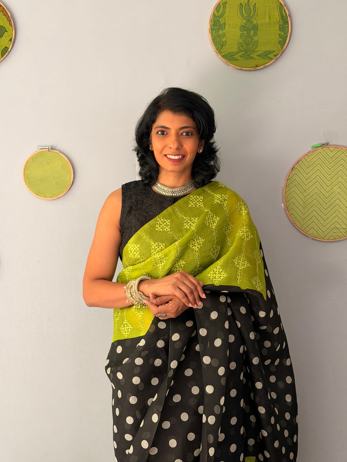 Tuhina Dots Print Play Organza Saree - Citron