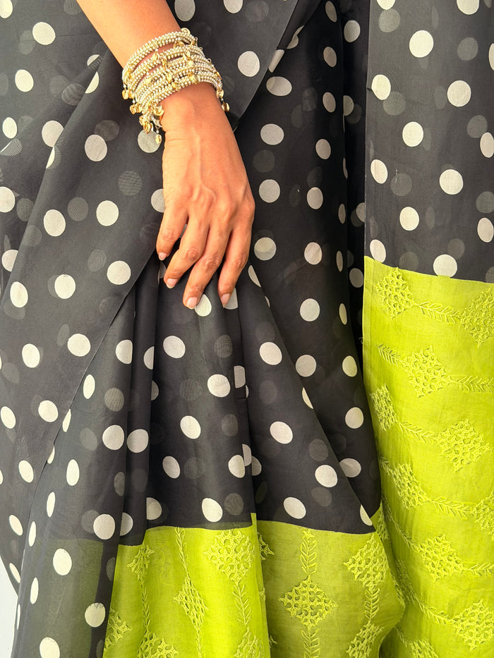 Tuhina Dots Print Play Organza Saree - Citron