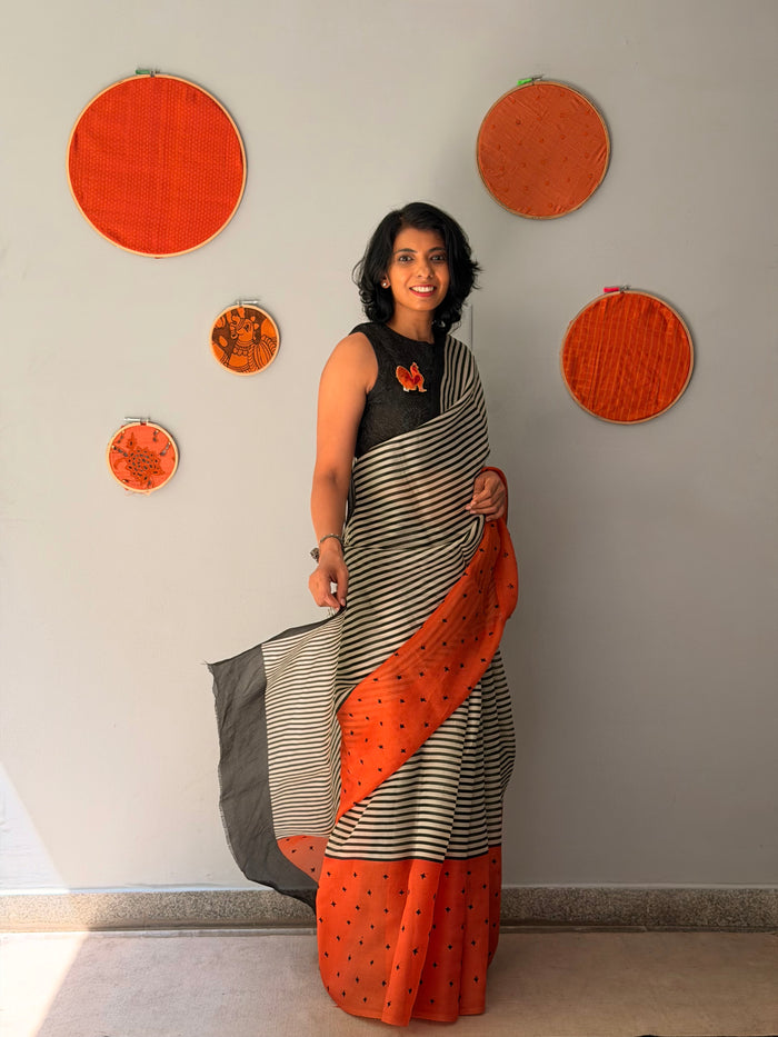 Tuhina Stripes Print Play Organza Saree - Orange