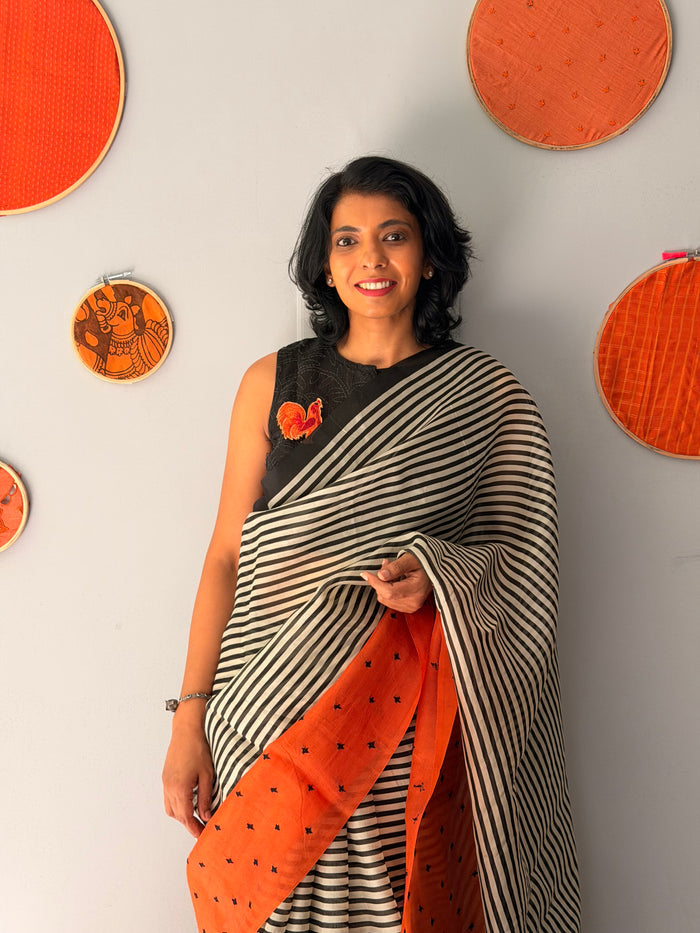 Tuhina Stripes Print Play Organza Saree - Orange