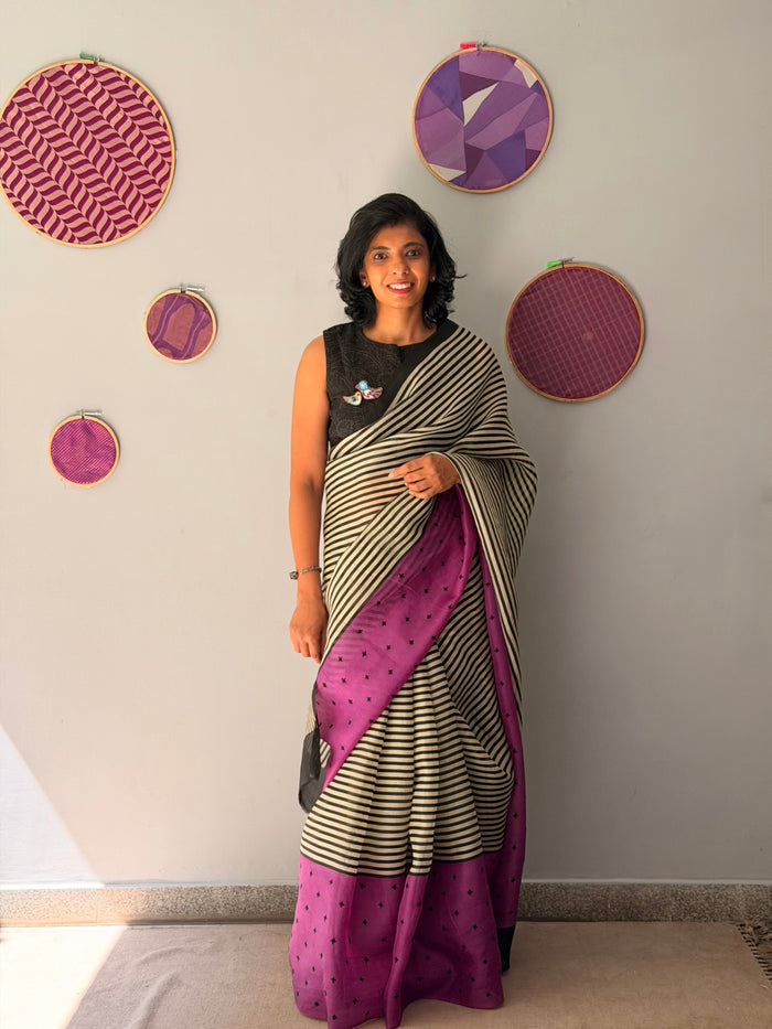 Tuhina Stripes Print Play Organza Saree - Purple
