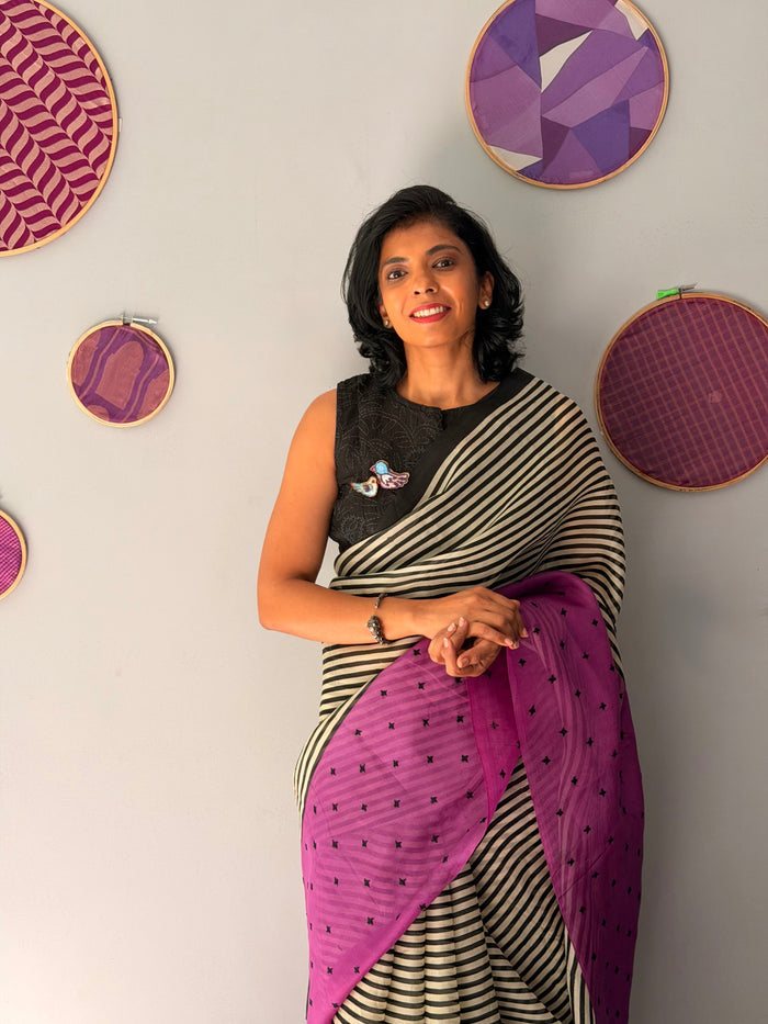 Tuhina Stripes Print Play Organza Saree - Purple