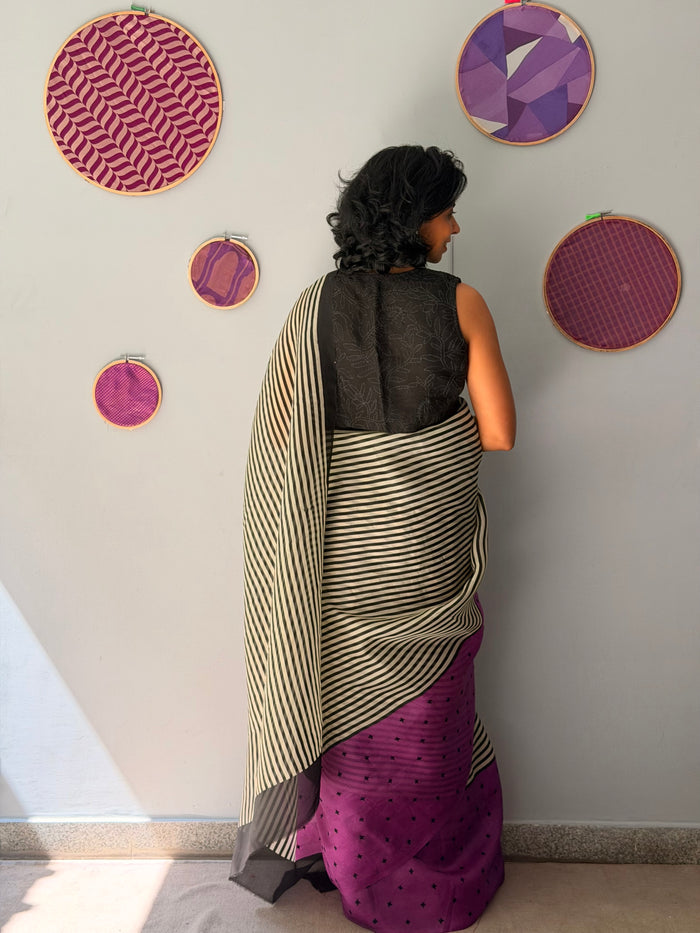 Tuhina Stripes Print Play Organza Saree - Purple