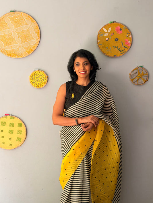 Tuhina Stripes Print Play Organza Saree - Yellow