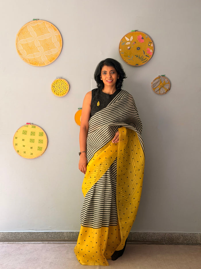 Tuhina Stripes Print Play Organza Saree - Yellow