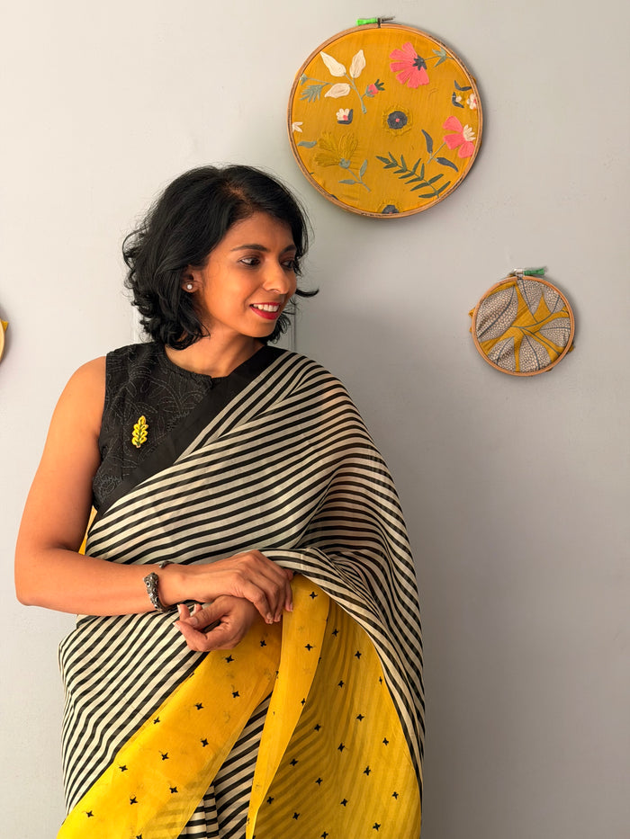 Tuhina Stripes Print Play Organza Saree - Yellow