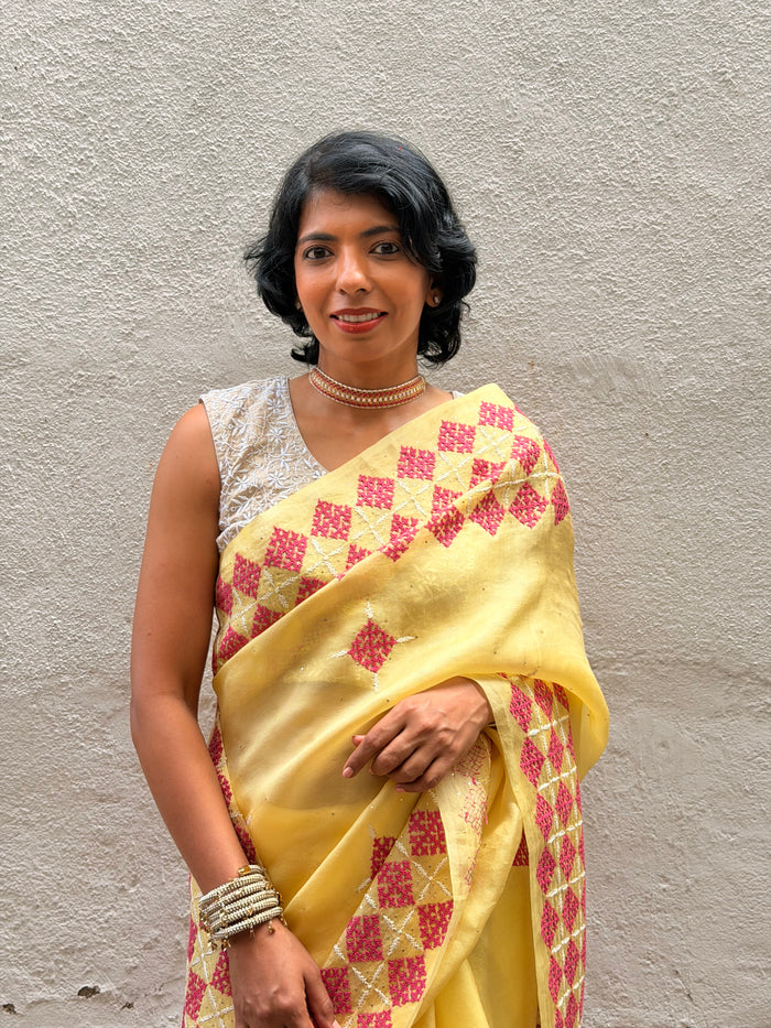 Tuhina Yellow Kutch Embroidery Organza Saree