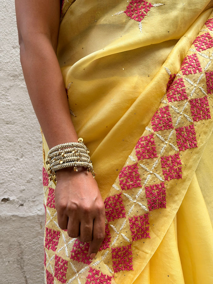 Tuhina Yellow Kutch Embroidery Organza Saree
