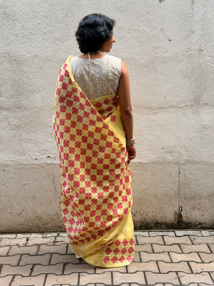 Tuhina Yellow Kutch Embroidery Organza Saree