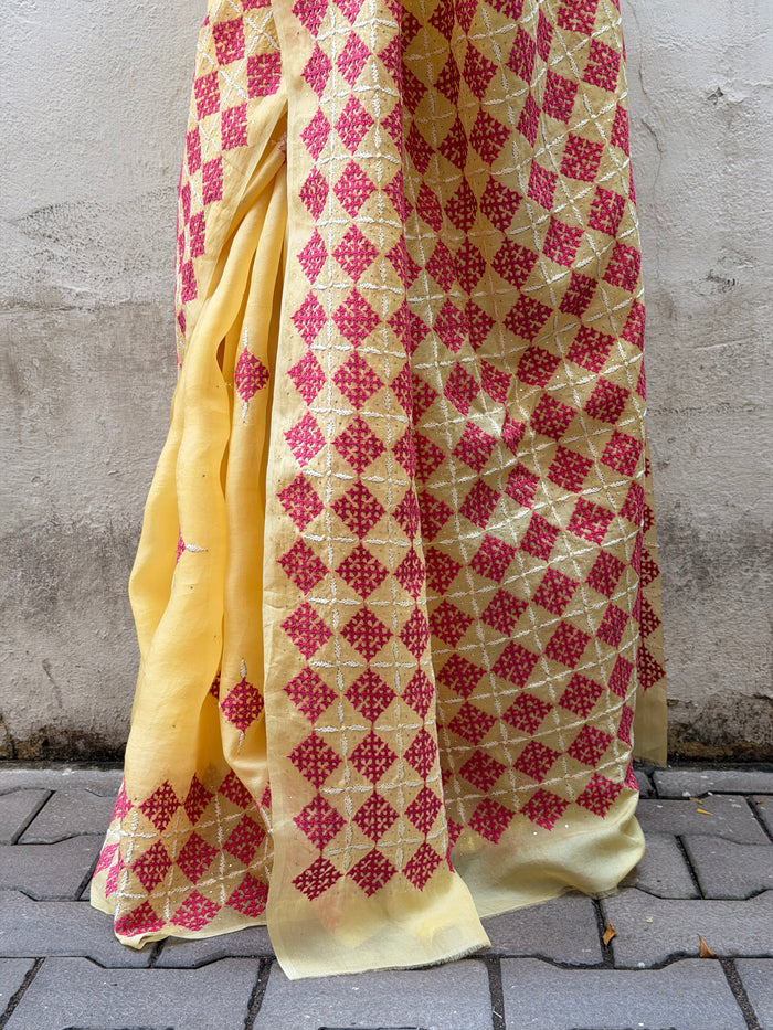 Tuhina Yellow Kutch Embroidery Organza Saree