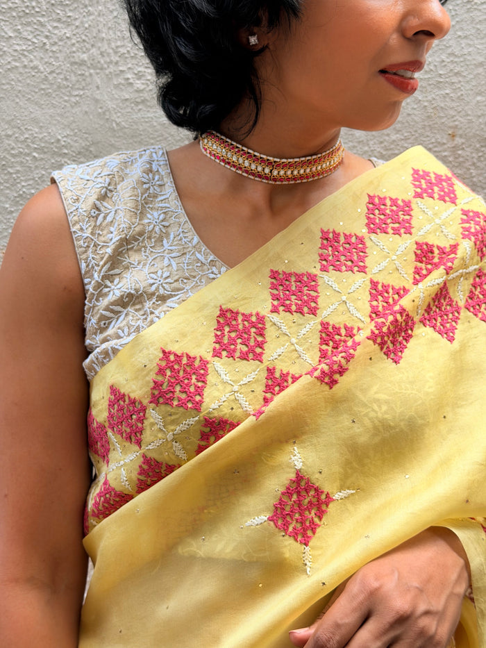 Tuhina Yellow Kutch Embroidery Organza Saree