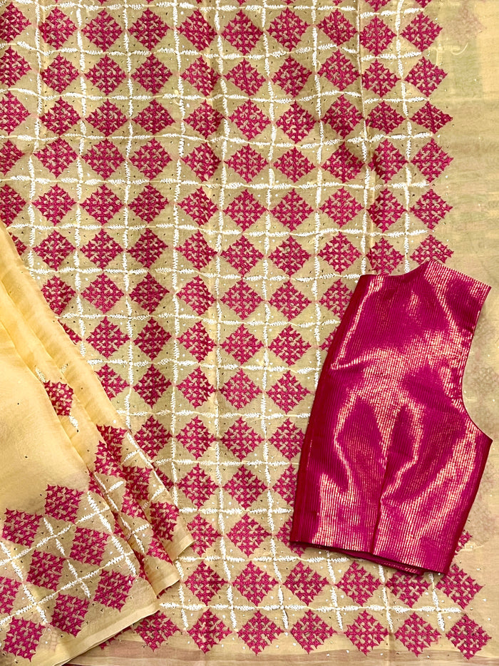 Tuhina Yellow Kutch Embroidery Organza Saree