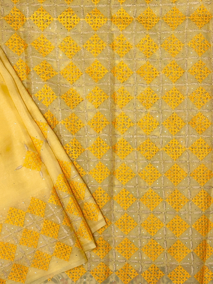 Tuhina Yellow Kutch Embroidery Organza Saree
