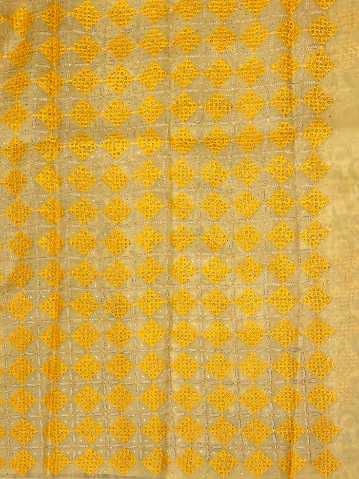 Tuhina Yellow Kutch Embroidery Organza Saree