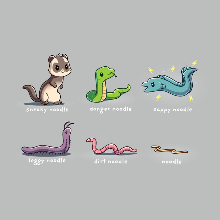 Premium Cotton T-shirt_TeeTurtle silver gray Types of Noodles apparel featuring a weasel called a sneaky noodle, a snake called a danger noodle, a electric eel called a zappy noodle, a millipede called a leggy noodle, a worm called a dirt noodle, and a pasta noodle called a noodle.
