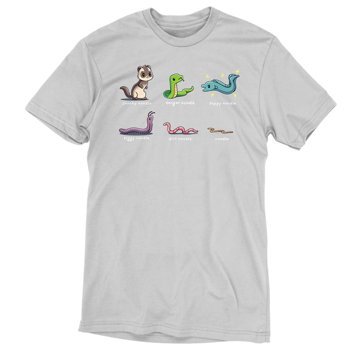 Premium Cotton T-shirt_TeeTurtle silver gray Types of Noodles apparel featuring a weasel called a sneaky noodle, a snake called a danger noodle, a electric eel called a zappy noodle, a millipede called a leggy noodle, a worm called a dirt noodle, and a pasta noodle called a noodle.
