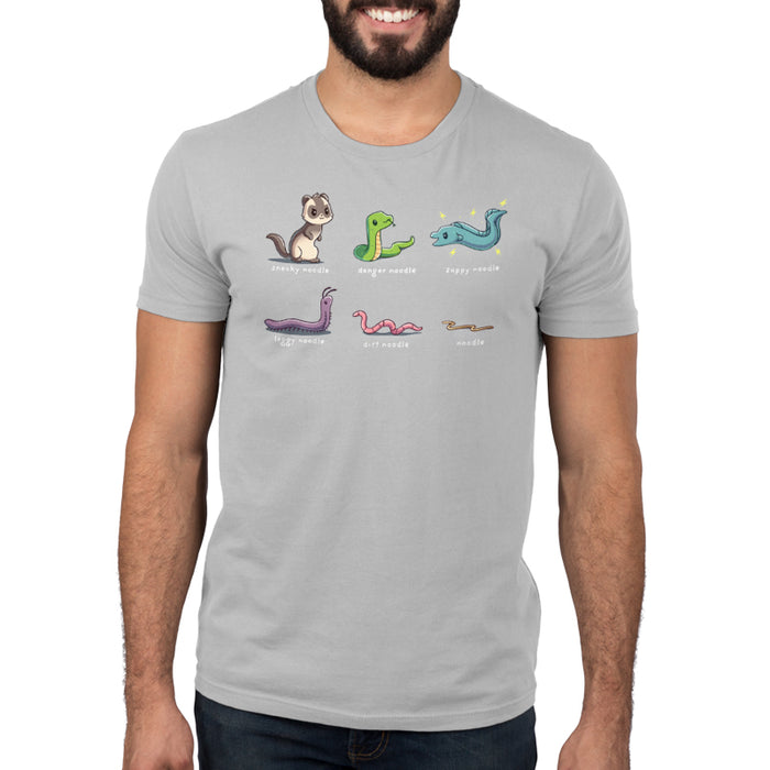 Premium Cotton T-shirt_TeeTurtle silver gray Types of Noodles apparel featuring a weasel called a sneaky noodle, a snake called a danger noodle, a electric eel called a zappy noodle, a millipede called a leggy noodle, a worm called a dirt noodle, and a pasta noodle called a noodle.