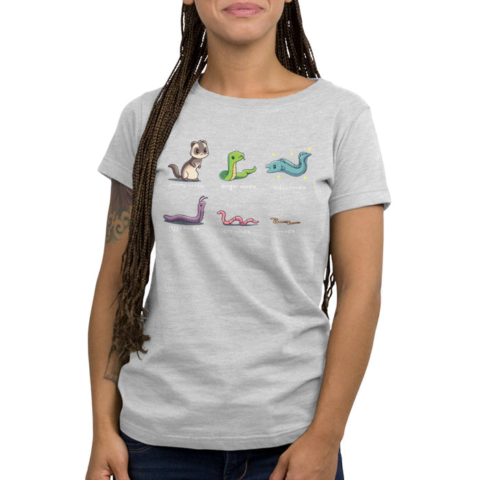 Premium Cotton T-shirt_TeeTurtle silver gray Types of Noodles apparel featuring a weasel called a sneaky noodle, a snake called a danger noodle, a electric eel called a zappy noodle, a millipede called a leggy noodle, a worm called a dirt noodle, and a pasta noodle called a noodle.