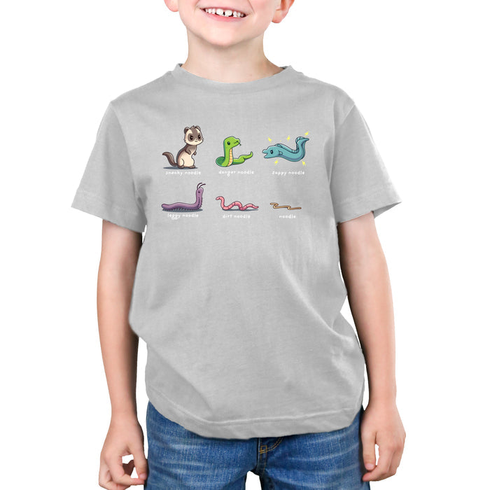 Premium Cotton T-shirt_TeeTurtle silver gray Types of Noodles apparel featuring a weasel called a sneaky noodle, a snake called a danger noodle, a electric eel called a zappy noodle, a millipede called a leggy noodle, a worm called a dirt noodle, and a pasta noodle called a noodle.