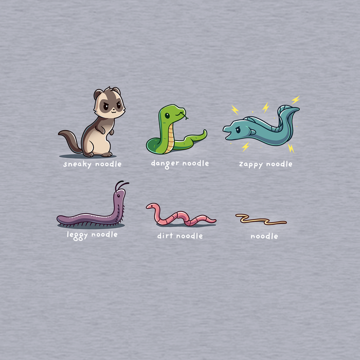 Classic Cotton T-shirt_TeeTurtle heather gray Types of Noodles apparel featuring a weasel called a sneaky noodle, a snake called a danger noodle, a electric eel called a zappy noodle, a millipede called a leggy noodle, a worm called a dirt noodle, and a pasta noodle called a noodle.