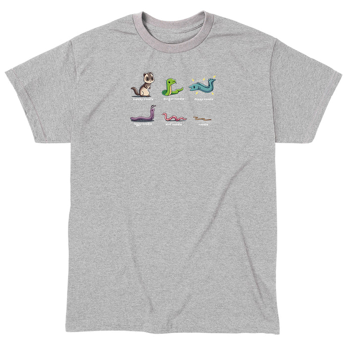 Classic Cotton T-shirt_TeeTurtle heather gray Types of Noodles apparel featuring a weasel called a sneaky noodle, a snake called a danger noodle, a electric eel called a zappy noodle, a millipede called a leggy noodle, a worm called a dirt noodle, and a pasta noodle called a noodle.