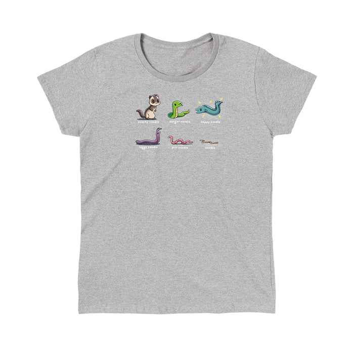 Classic Cotton T-shirt_TeeTurtle heather gray Types of Noodles apparel featuring a weasel called a sneaky noodle, a snake called a danger noodle, a electric eel called a zappy noodle, a millipede called a leggy noodle, a worm called a dirt noodle, and a pasta noodle called a noodle.