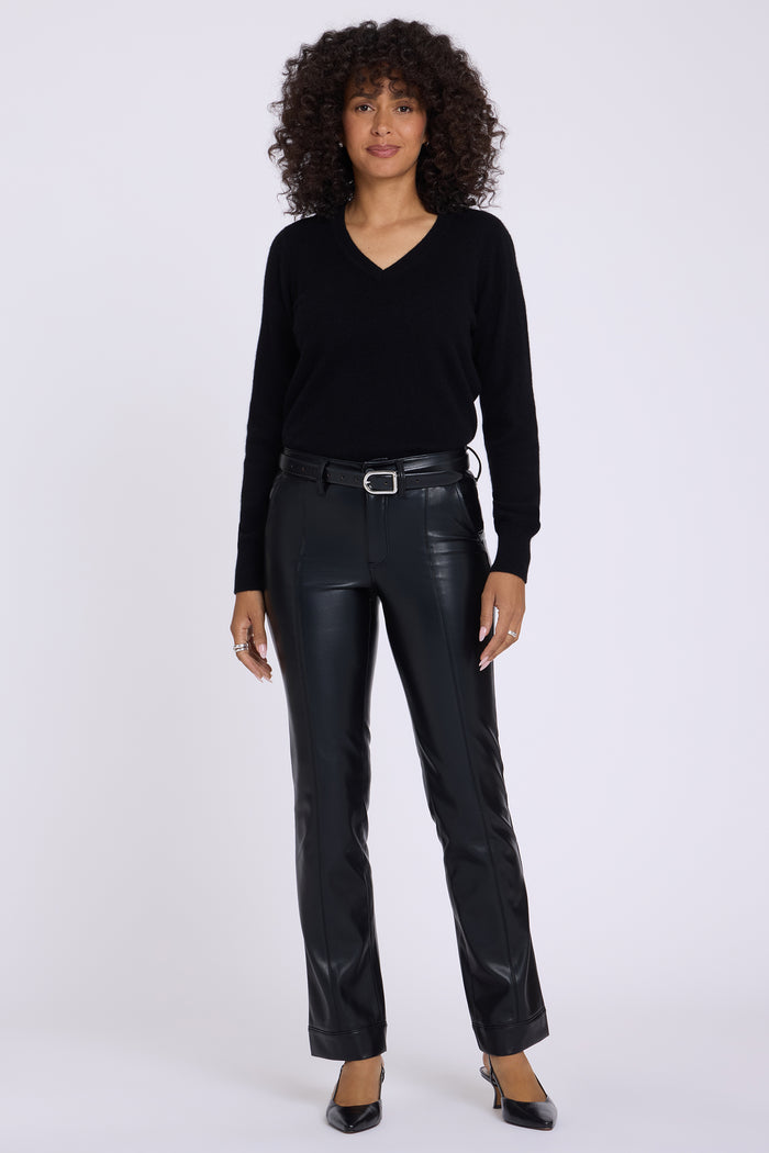 Vegan Leather Marilyn Straight Pants With Band Hems - Black
