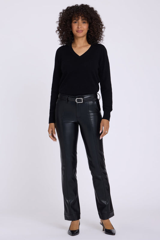 Vegan Leather Marilyn Straight Pants With Band Hems - Black