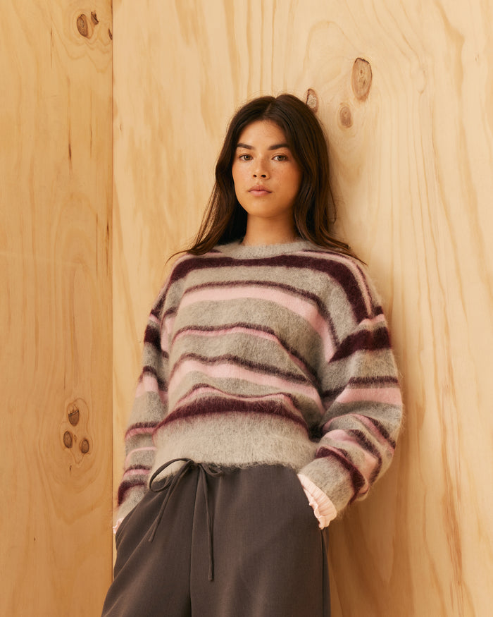 VELMA SWEATER GREY MARLE PINK STRIPE