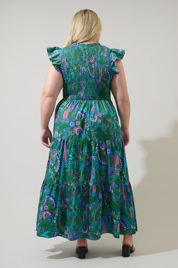 Vesper Geo Sunfire Tiered Midi Dress Curve
