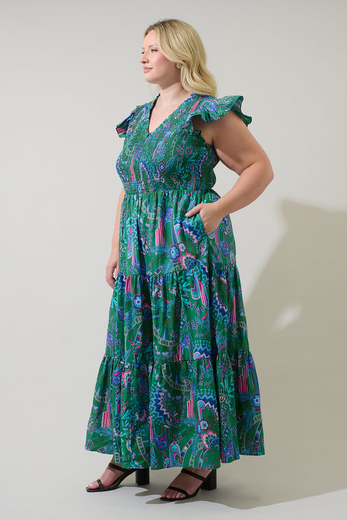 Vesper Geo Sunfire Tiered Midi Dress Curve