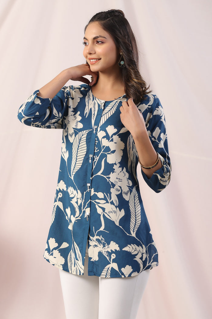 Vintage Blue Floral Russian Silk Shirt