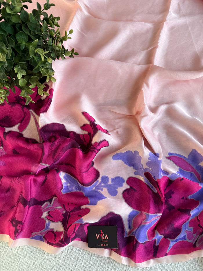 Vintage floral printed satin saree