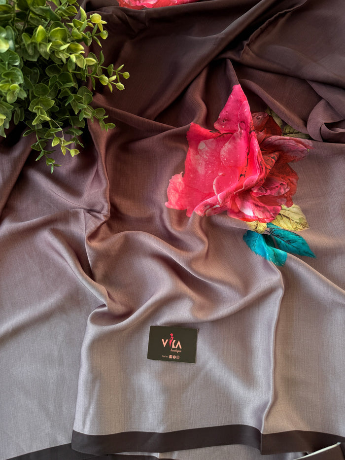 Vintage floral printed satin saree