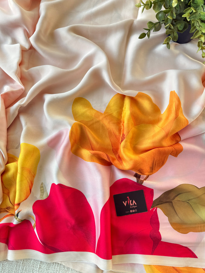 Vintage floral printed satin saree