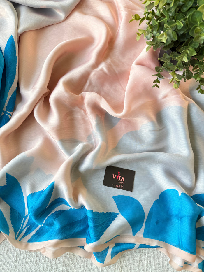 Vintage floral printed satin saree