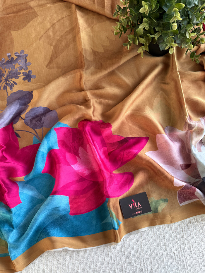 Vintage floral printed satin saree