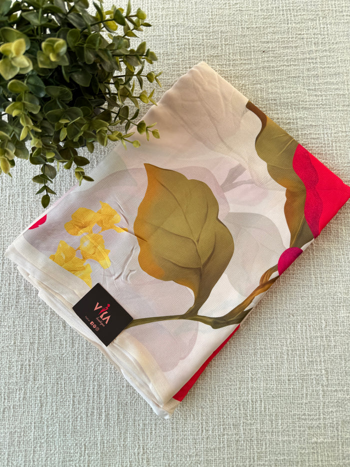 Vintage floral printed satin saree