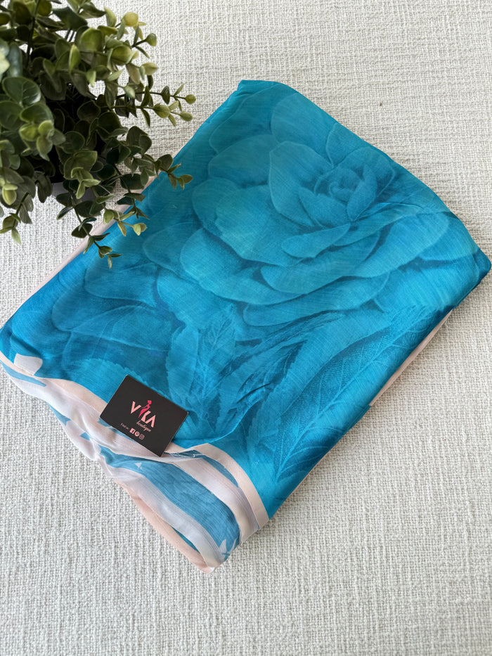 Vintage floral printed satin saree