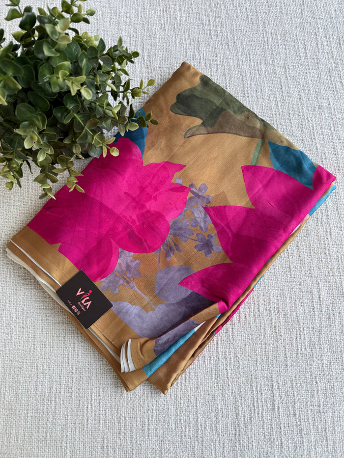 Vintage floral printed satin saree