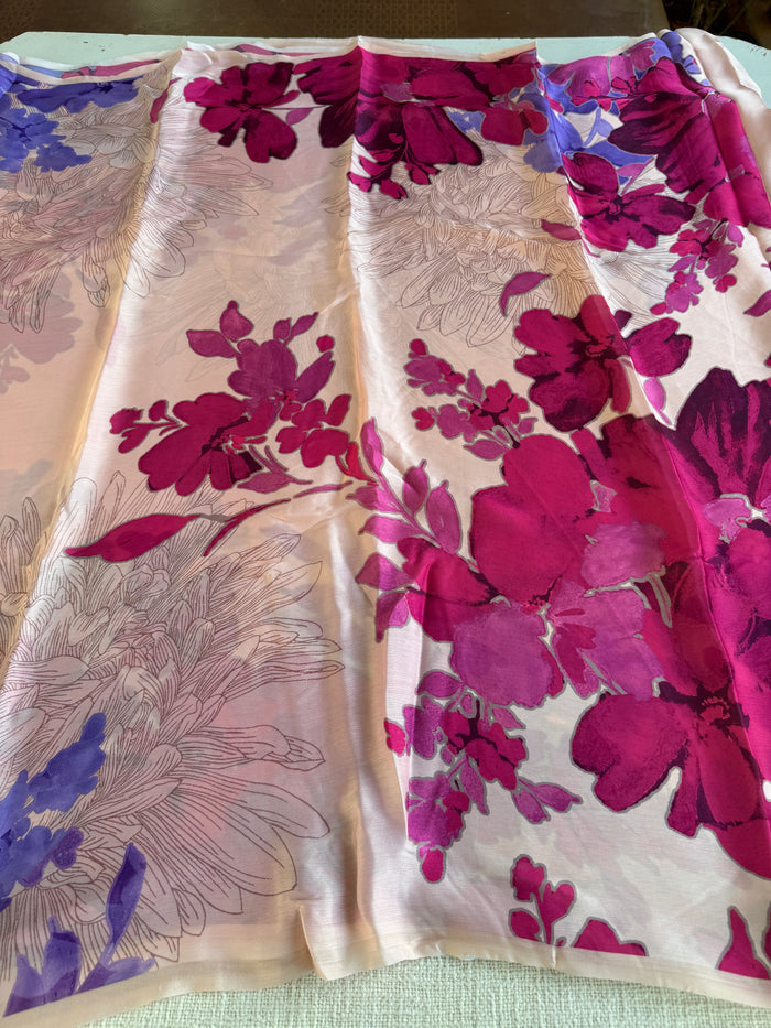 Vintage floral printed satin saree