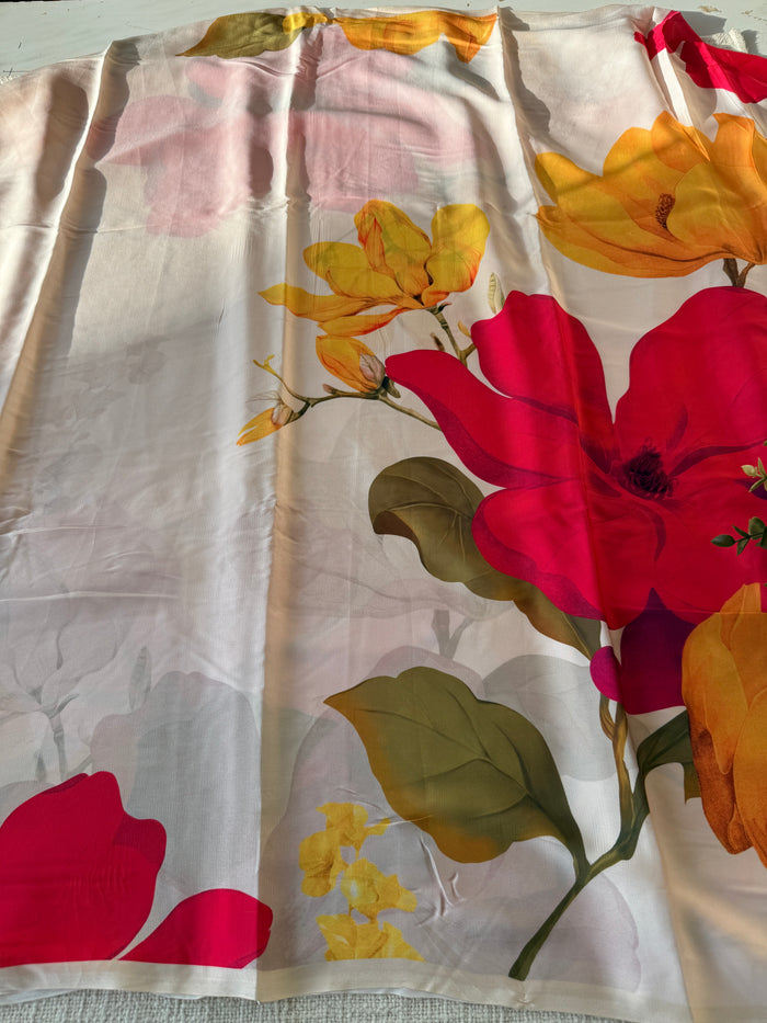 Vintage floral printed satin saree