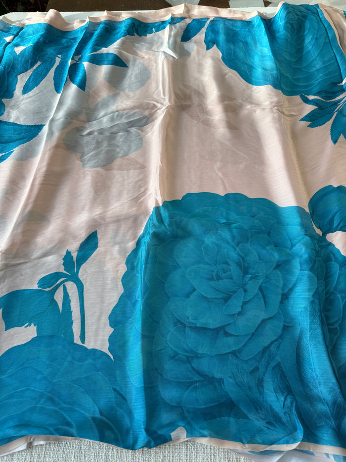 Vintage floral printed satin saree