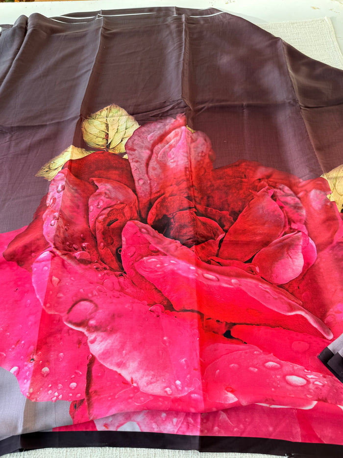 Vintage floral printed satin saree