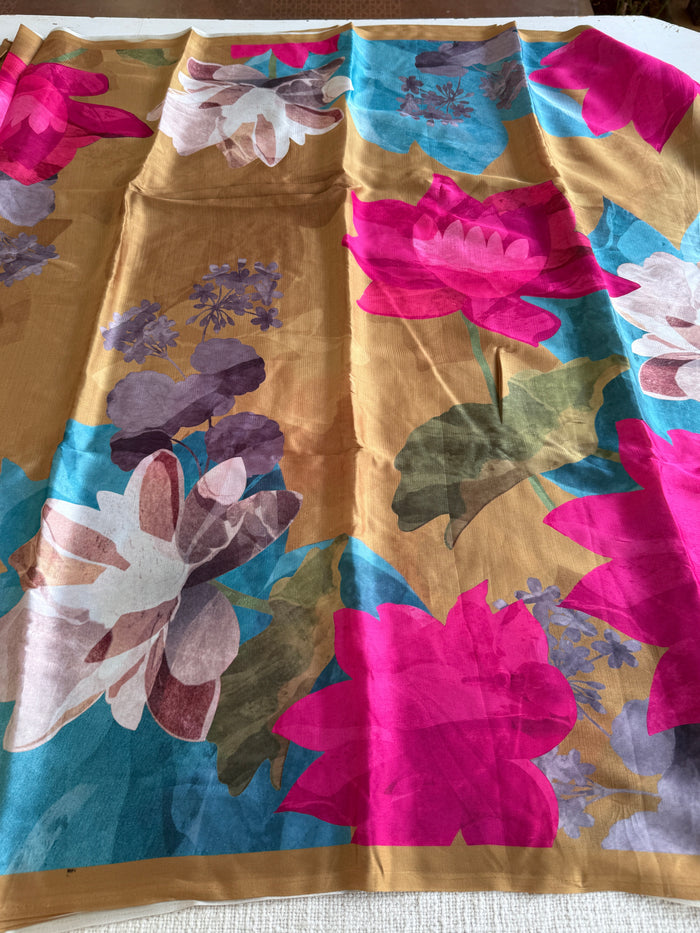 Vintage floral printed satin saree