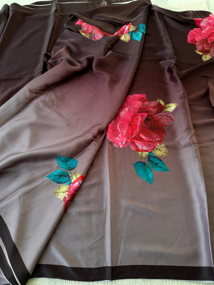 Vintage floral printed satin saree