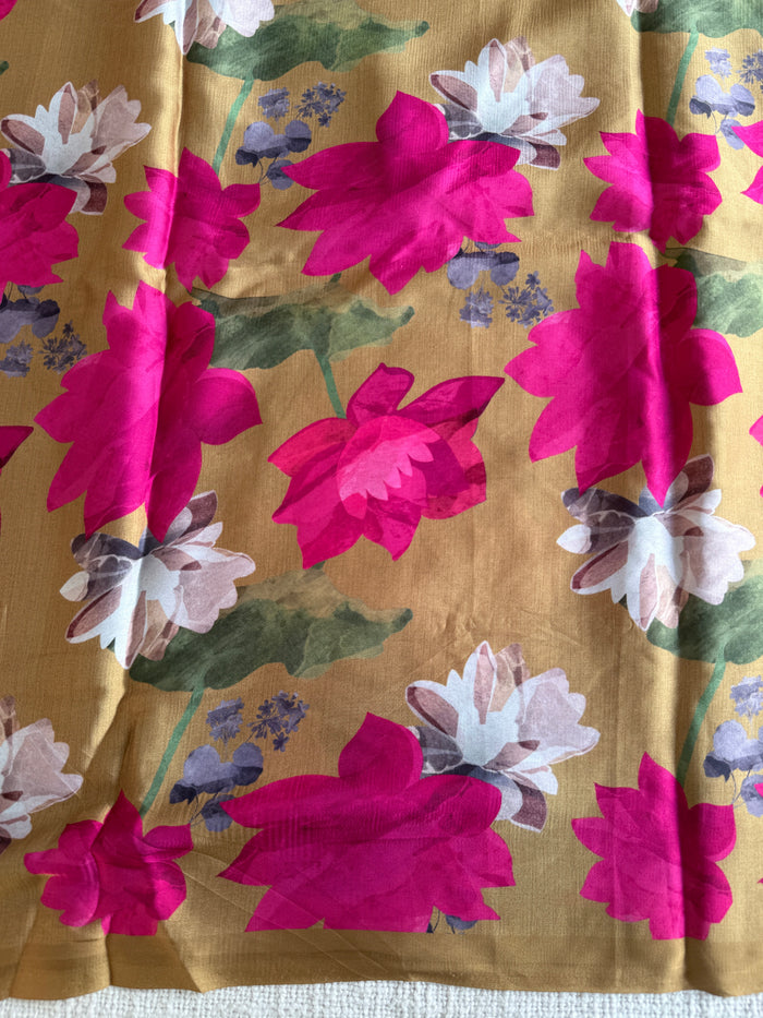 Vintage floral printed satin saree