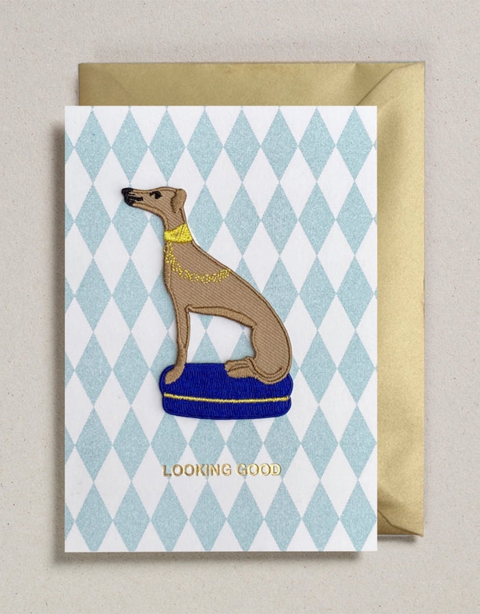 Whippet Looking Good Iron on Patch Greeting Card, Petra Boase