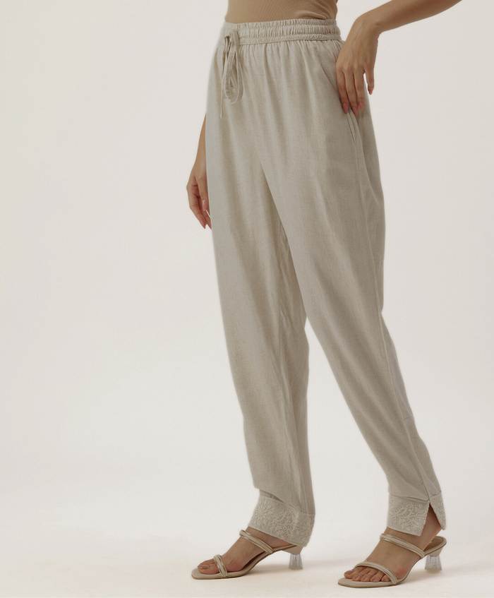 White Floral Embroidered Trousers