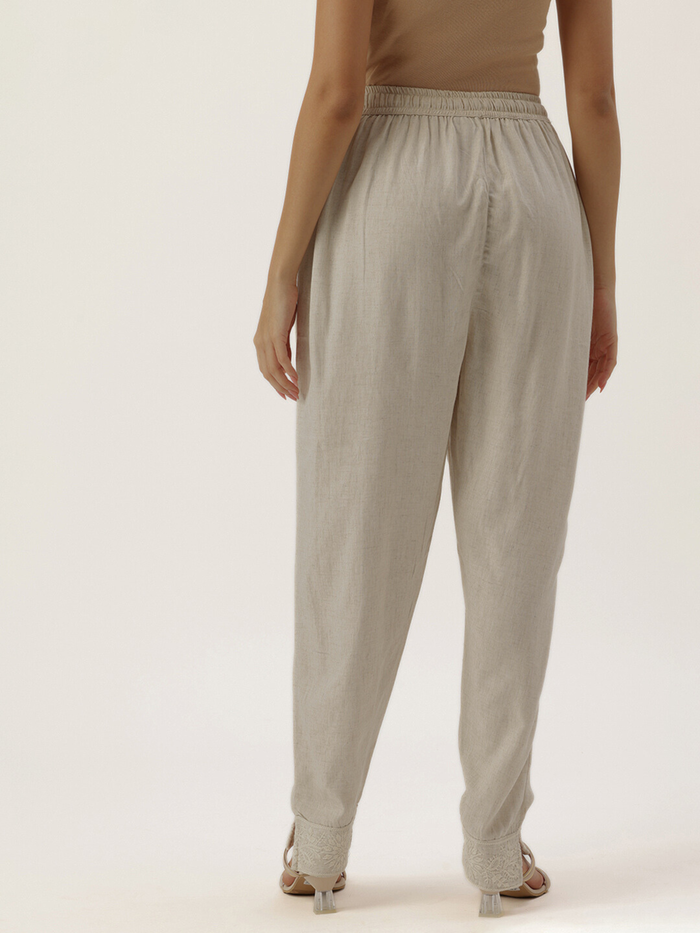 White Floral Embroidered Trousers